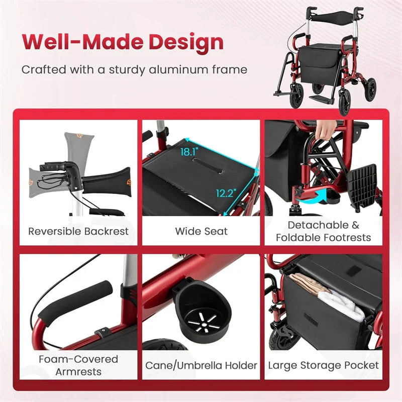 2-in-1 Folding Rollator Walker with Seat, Armrests & 9" All-Terrain Pneumatic Tires - Product image 4