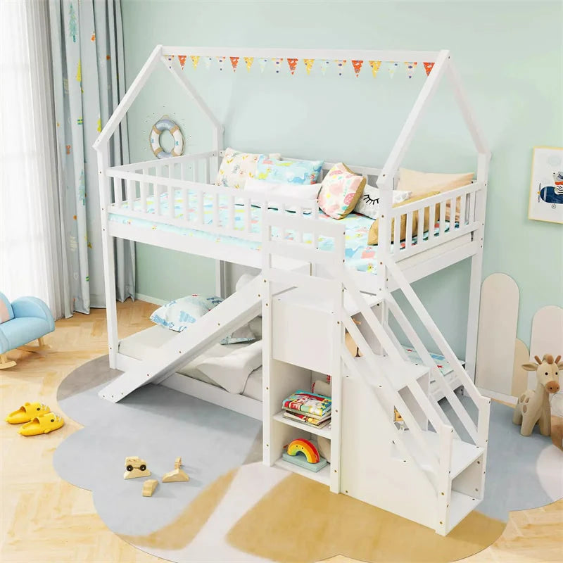 Twin Over Twin Bunk Bed House Design with Slide, Staircases & Storage Compartments, No Box Spring Needed - Product image 20