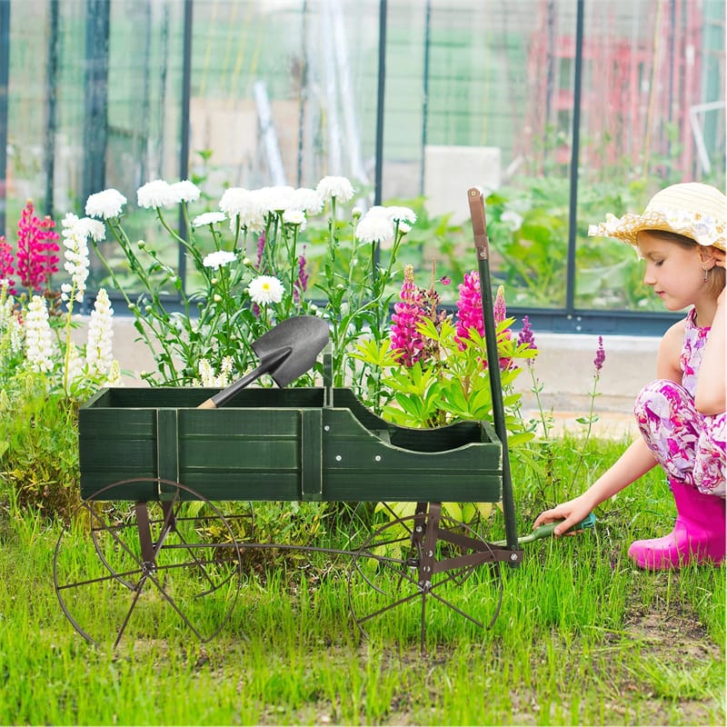 Rustic Wooden Wagon Planter, Decorative Garden Flower Cart with Metal Wheels & Adjustable Handle - Product image 29