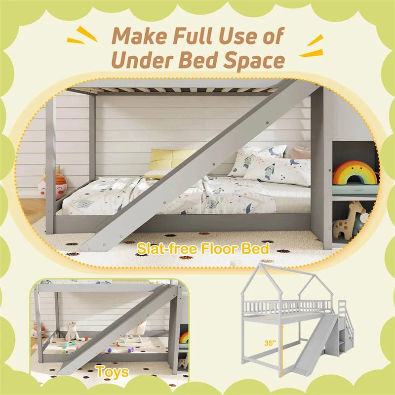 Twin Over Twin Bunk Bed House Design with Slide, Staircases & Storage Compartments, No Box Spring Needed - Product image 6