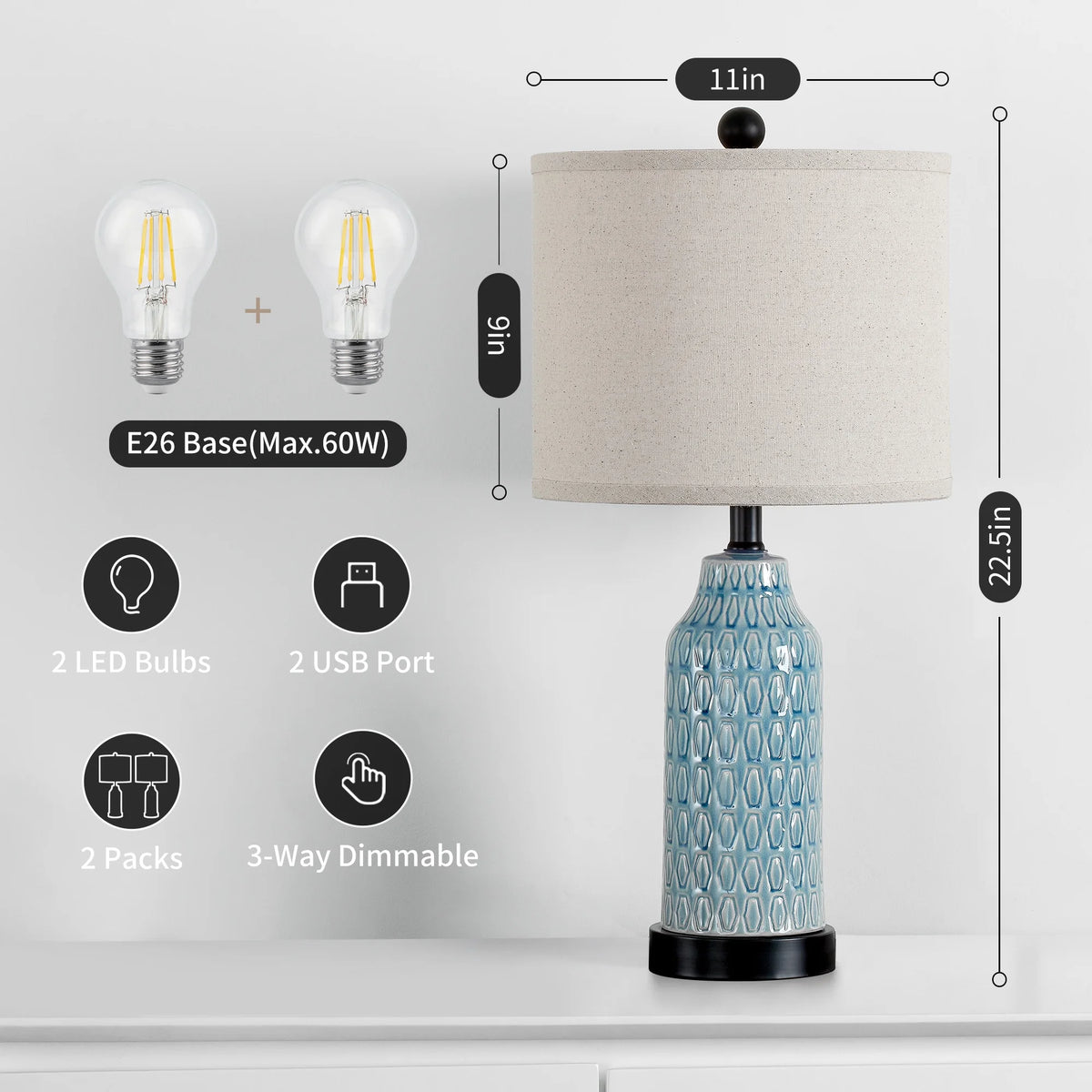 Cinkeda Table Lamp Set of 2 for Living Room Bedroom with USB Ports AC Outlet 3 Way Dimmable Touch - Product image 15