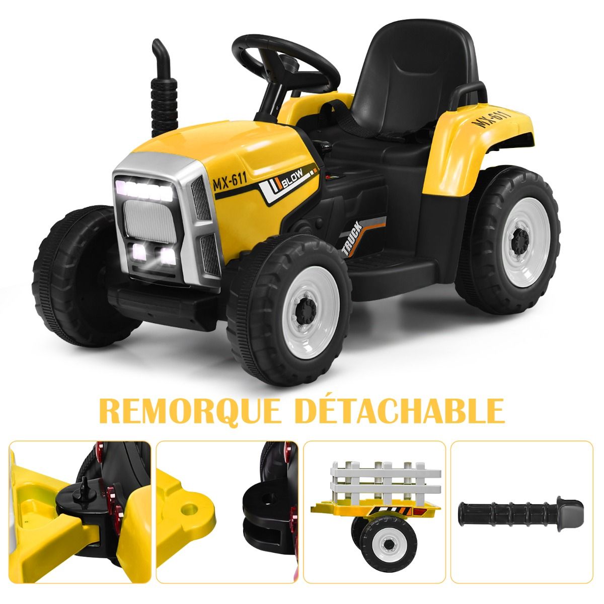 Electric Tractor with Trailer for Children 3 Speeds LED Lights Functions o USB and Bluetooth Yellow/Pink/Red/Green/Dark Green/Black -