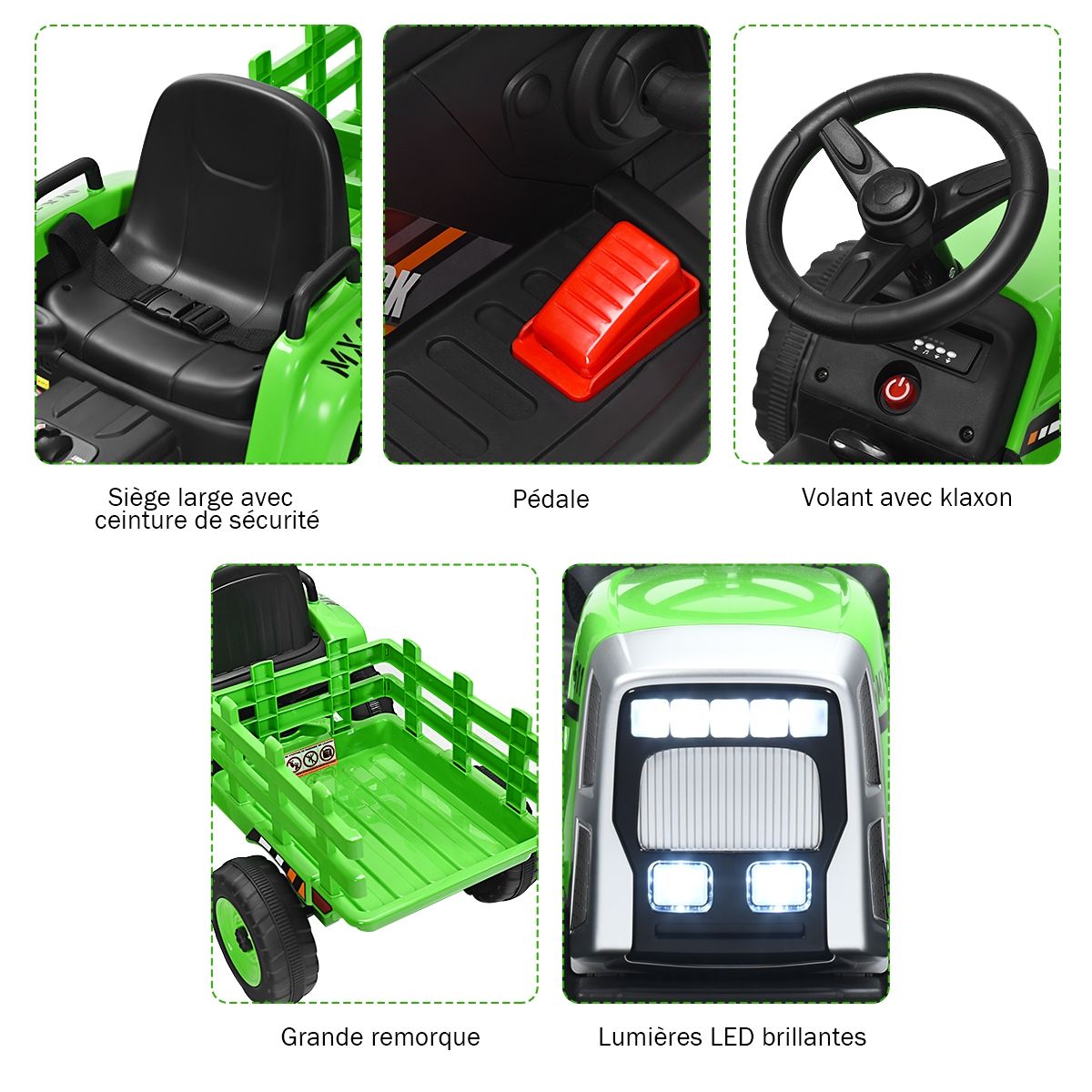 Electric Tractor with Trailer for Children 3 Speeds LED Lights Functions o USB and Bluetooth Yellow/Pink/Red/Green/Dark Green/Black -