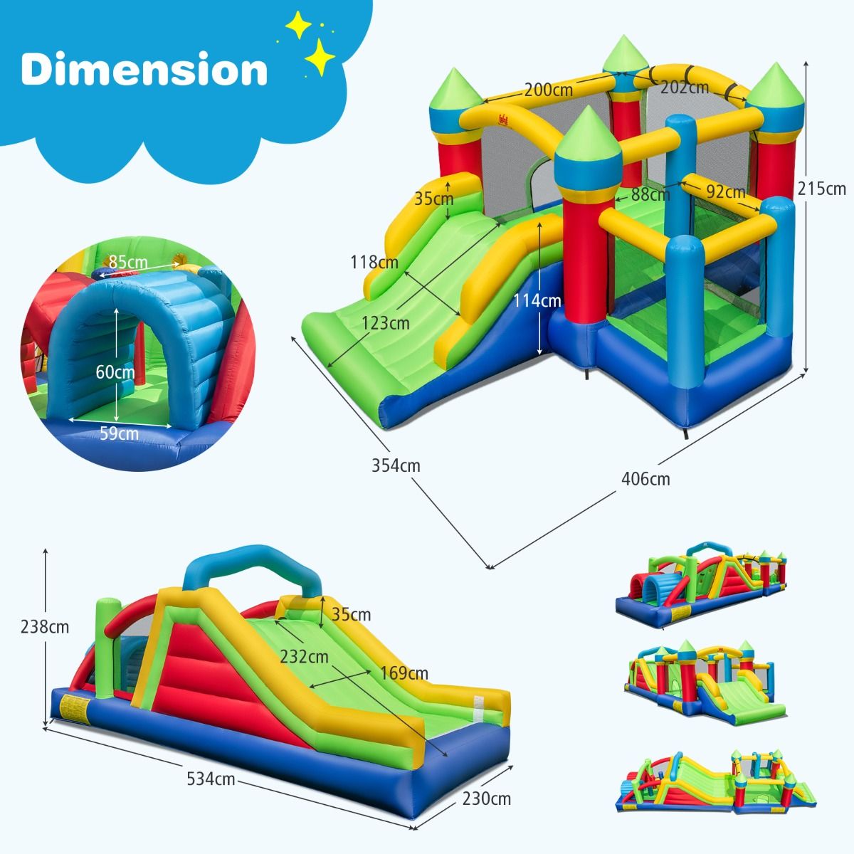 Inflatable Castle for 4 Children with 2 Slides Tunnels Bounce Zone Climbing Obstacles Play House with 680 W Blower -