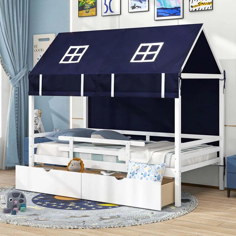 Twin House Bed with Storage Drawers & Dustproof Tent, Solid Wood Montessori Bed Frame with House Roof & - Product image 1