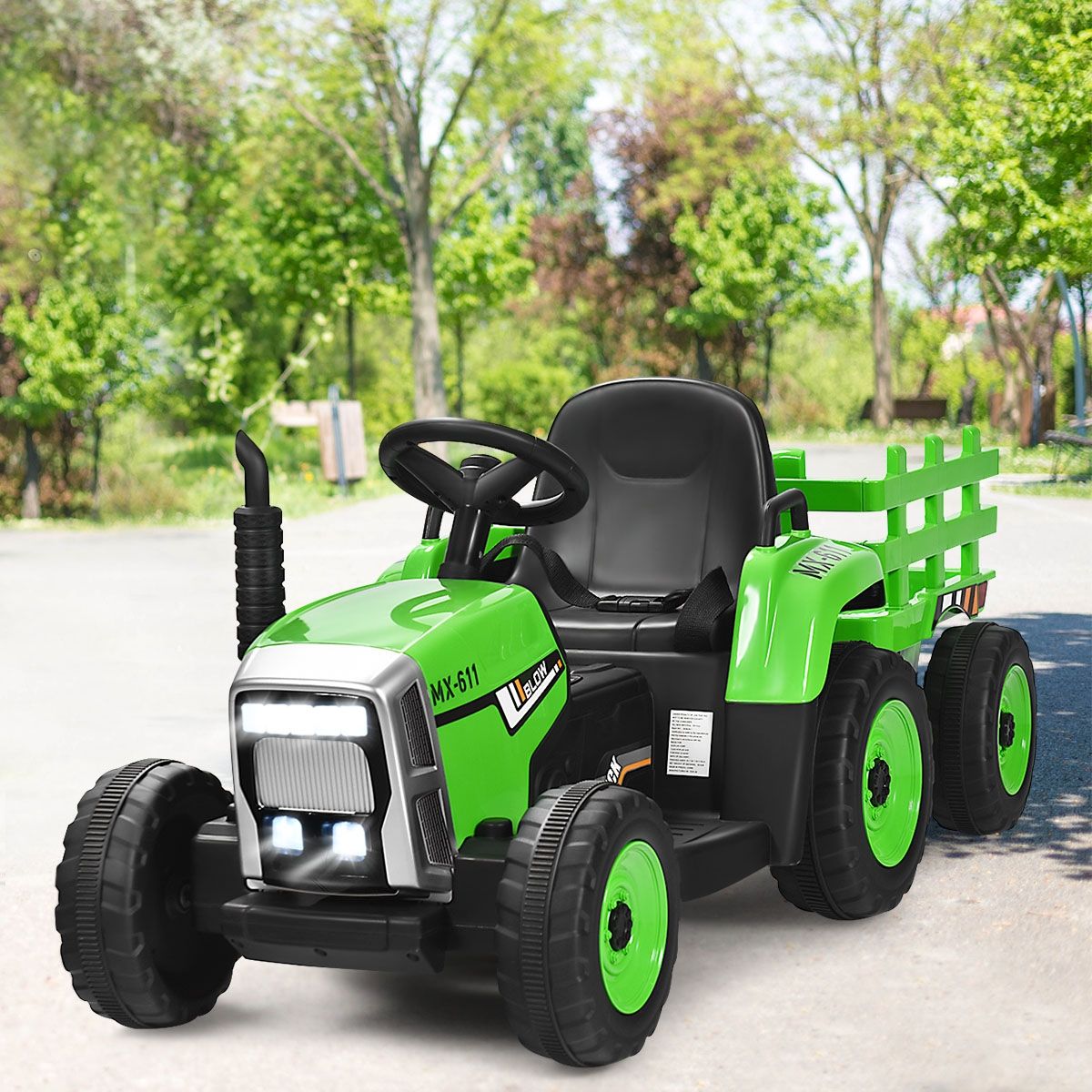 Electric Tractor with Trailer for Children 3 Speeds LED Lights Functions o USB and Bluetooth Yellow/Pink/Red/Green/Dark Green/Black -