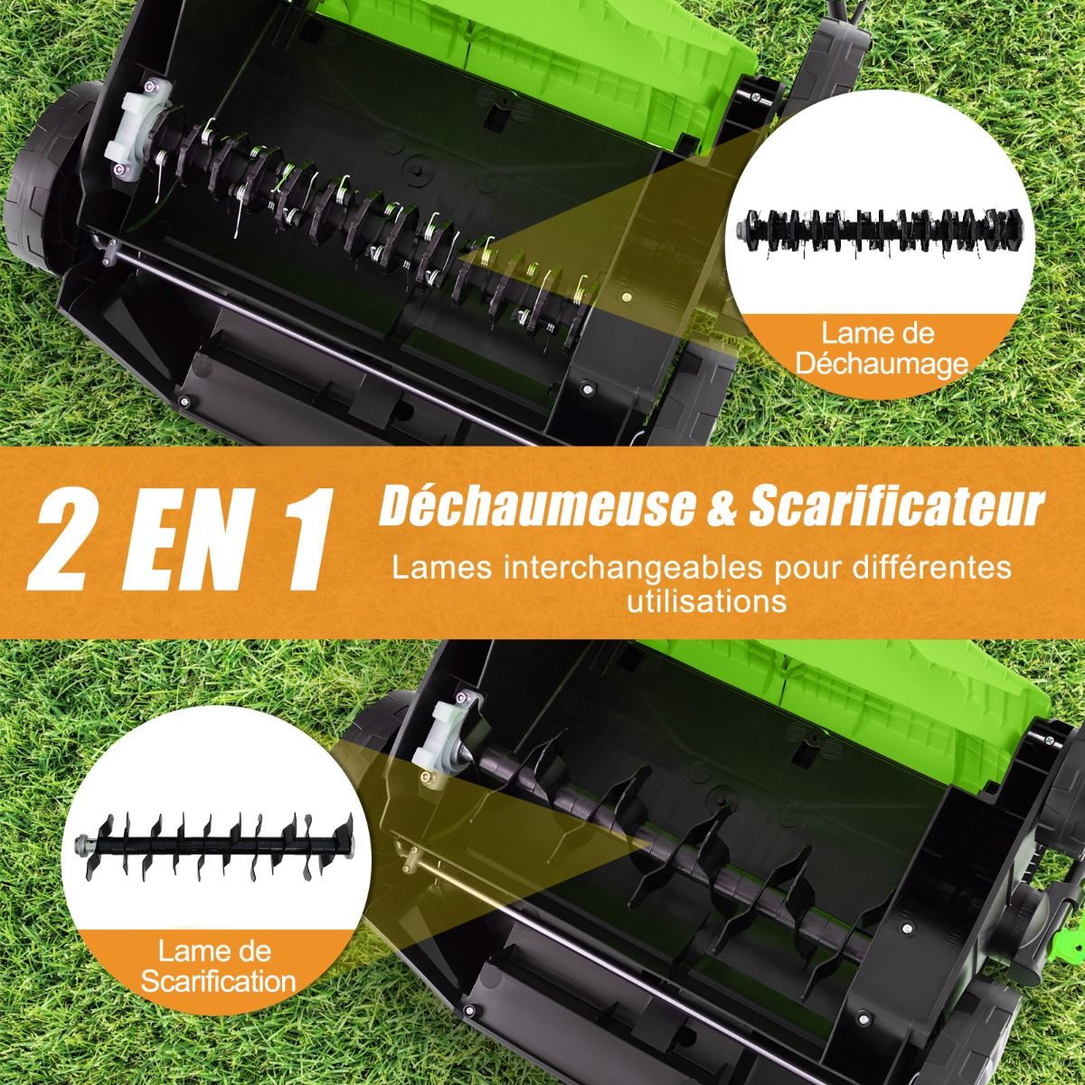 2 in 1 15A Electric Scarifier with Double Adjustable Safety Switch 55 L Collection Bag Orange/Green Scarifier -