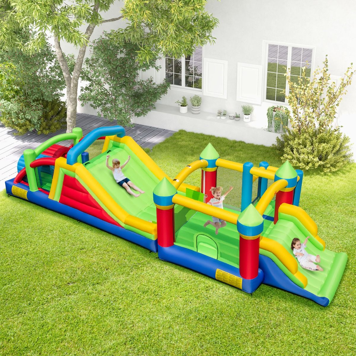 Inflatable Castle for 4 Children with 2 Slides Tunnels Bounce Zone Climbing Obstacles Play House with 680 W Blower -