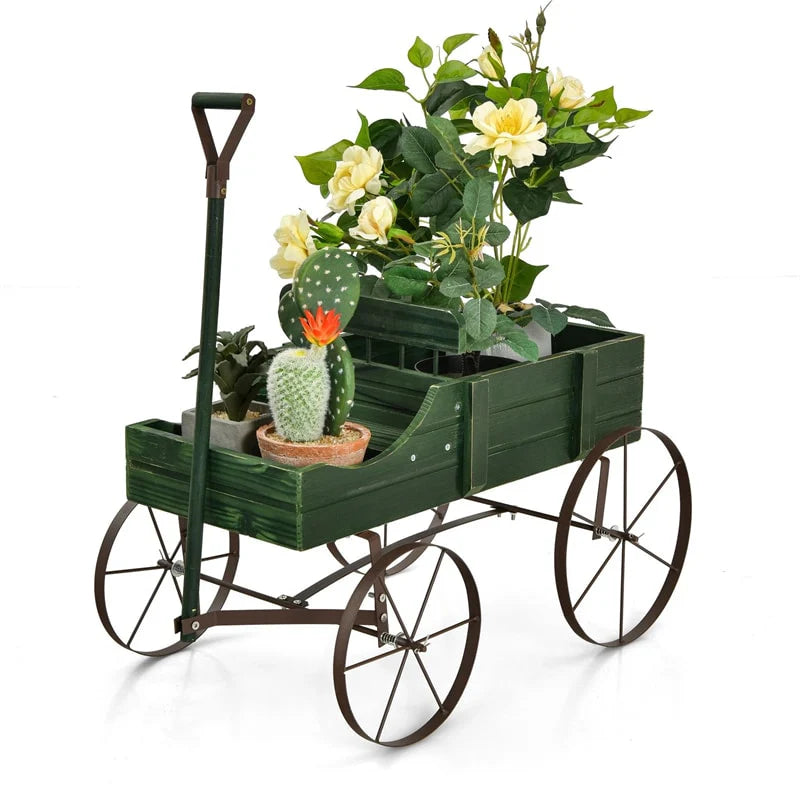 Rustic Wooden Wagon Planter, Decorative Garden Flower Cart with Metal Wheels & Adjustable Handle - Product image 37