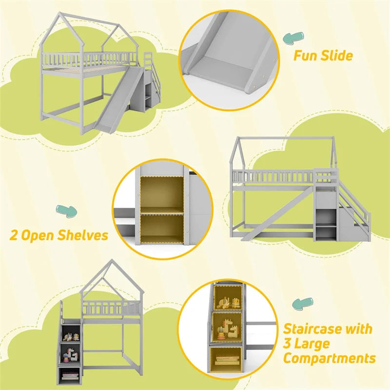Twin Over Twin Bunk Bed House Design with Slide, Staircases & Storage Compartments, No Box Spring Needed - Product image 8