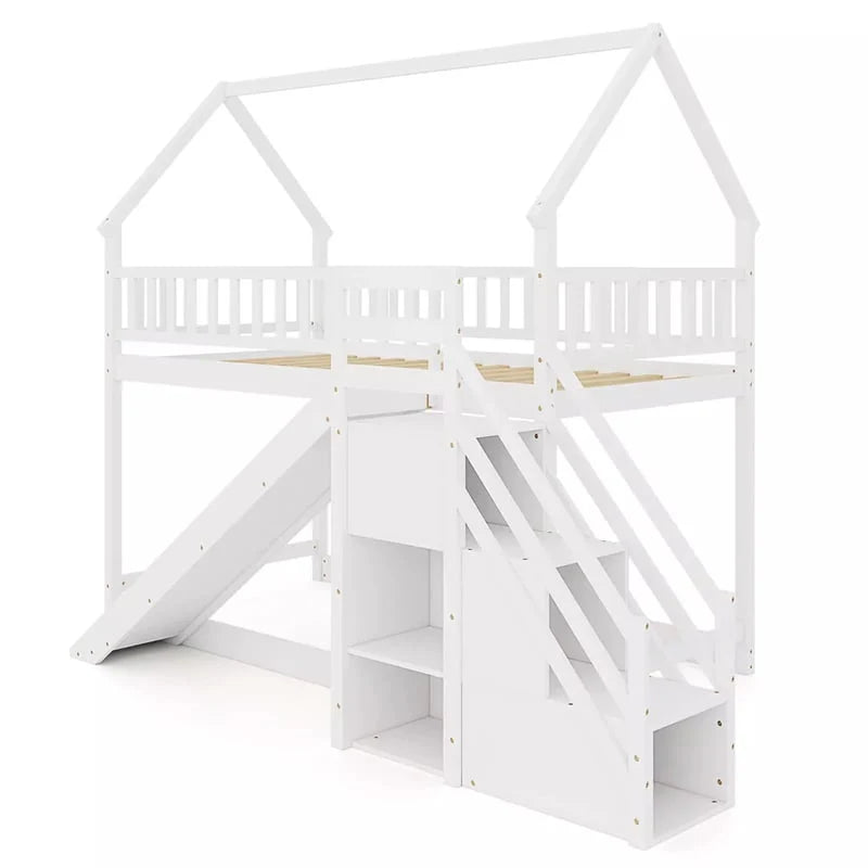 Twin Over Twin Bunk Bed House Design with Slide, Staircases & Storage Compartments, No Box Spring Needed - Product image 13