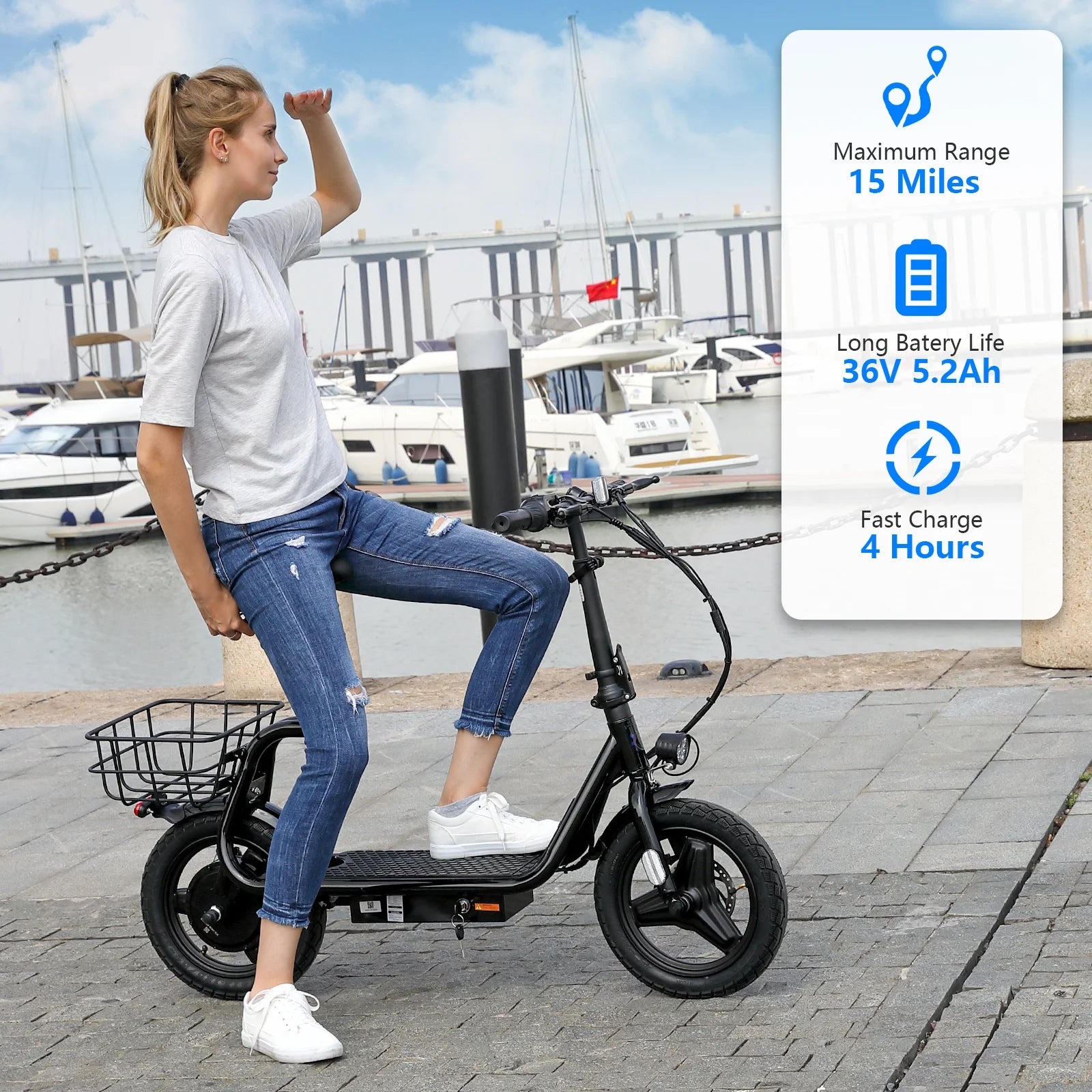 SANOPY 350W Electric Scooter with Seat for Adults, 15 Miles Range 20 Mph, 36V 5.2ah Battery Moped - Product image 2