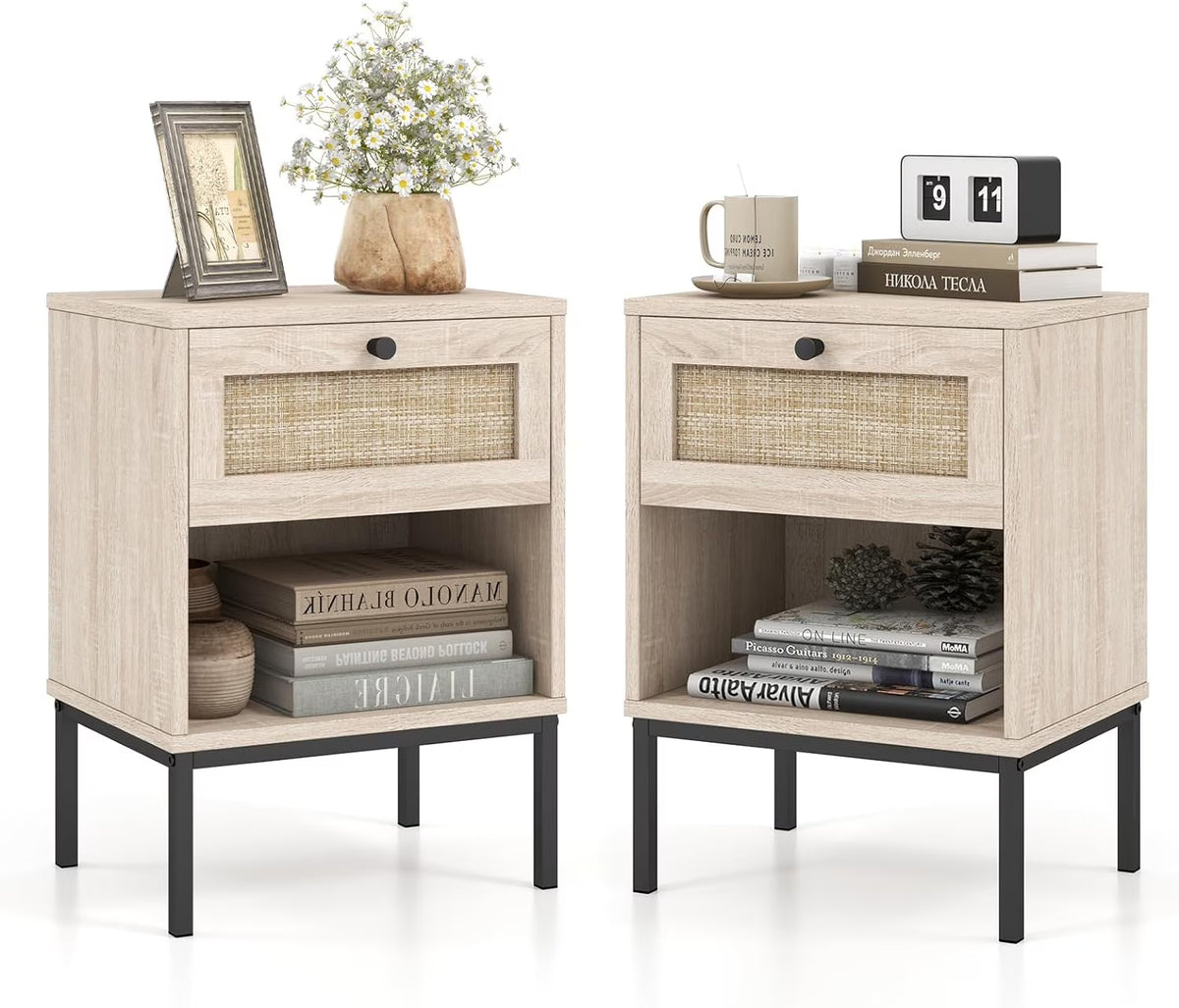 Boho Rattan End Table Nightstand Set of 2 with Drawer, Open Storage Shelf, Living Room, Bedroom, Oak - Product image 1
