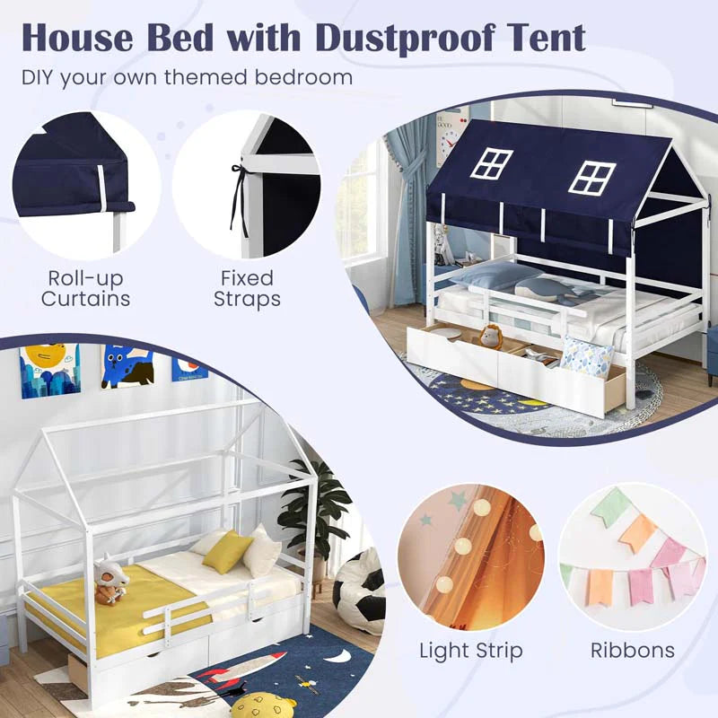 Twin House Bed with Storage Drawers & Dustproof Tent, Solid Wood Montessori Bed Frame with House Roof & - Product image 5