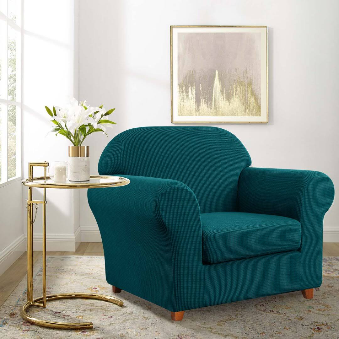 Howkwa Textured Grid Stretch Box Cushion Armchair Slipcover Winston Porter Fabric: Blue - Product image 1