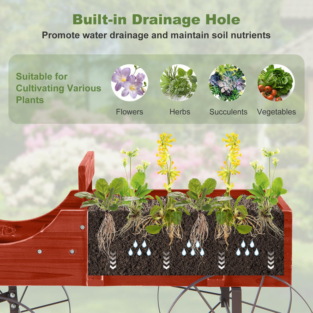 Rustic Wooden Wagon Planter, Decorative Garden Flower Cart with Metal Wheels & Adjustable Handle - Product image 12