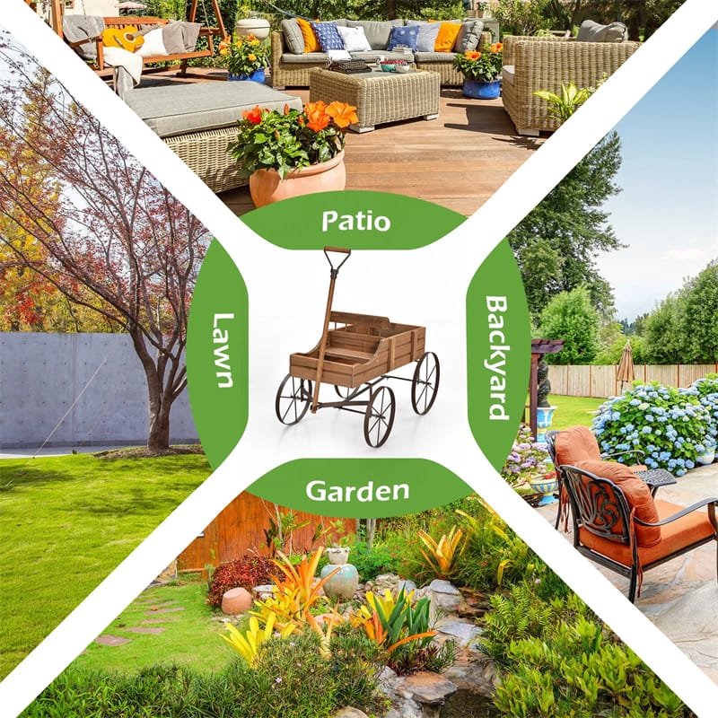 Rustic Wooden Wagon Planter, Decorative Garden Flower Cart with Metal Wheels & Adjustable Handle - Product image 25
