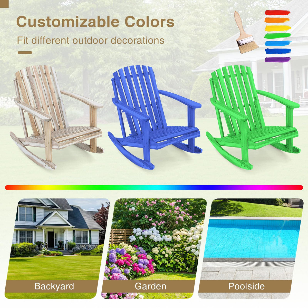 Tangkula Adirondack Rocking Chair with Slatted Seat and High Fanned Back