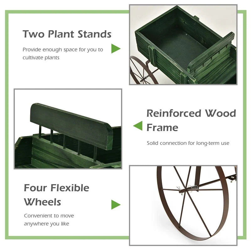 Rustic Wooden Wagon Planter, Decorative Garden Flower Cart with Metal Wheels & Adjustable Handle - Product image 34