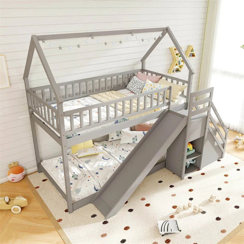 Twin Over Twin Bunk Bed House Design with Slide, Staircases & Storage Compartments, No Box Spring Needed - Product image 1