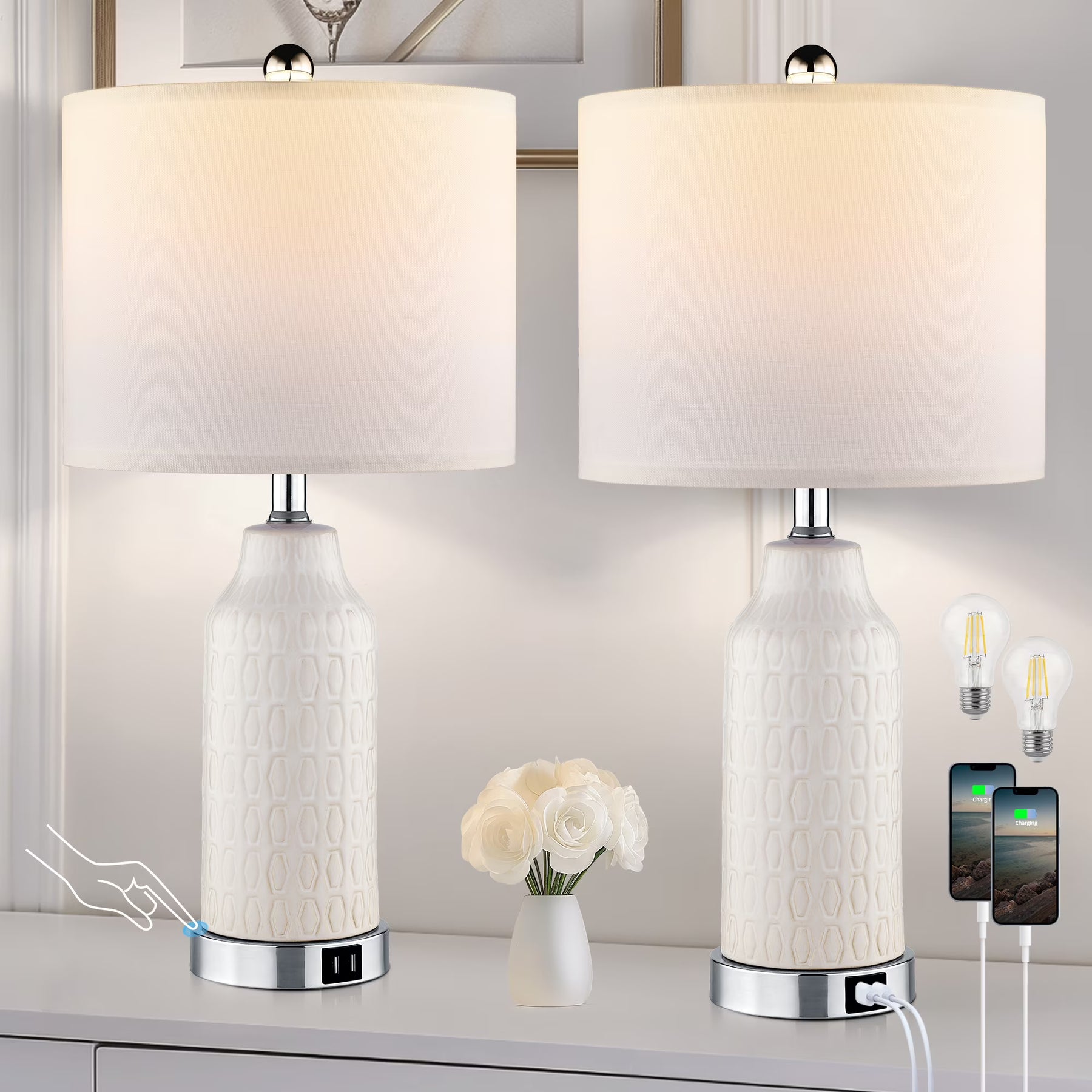 Cinkeda Table Lamp Set of 2 for Living Room Bedroom with USB Ports AC Outlet 3 Way Dimmable Touch - Product image 5
