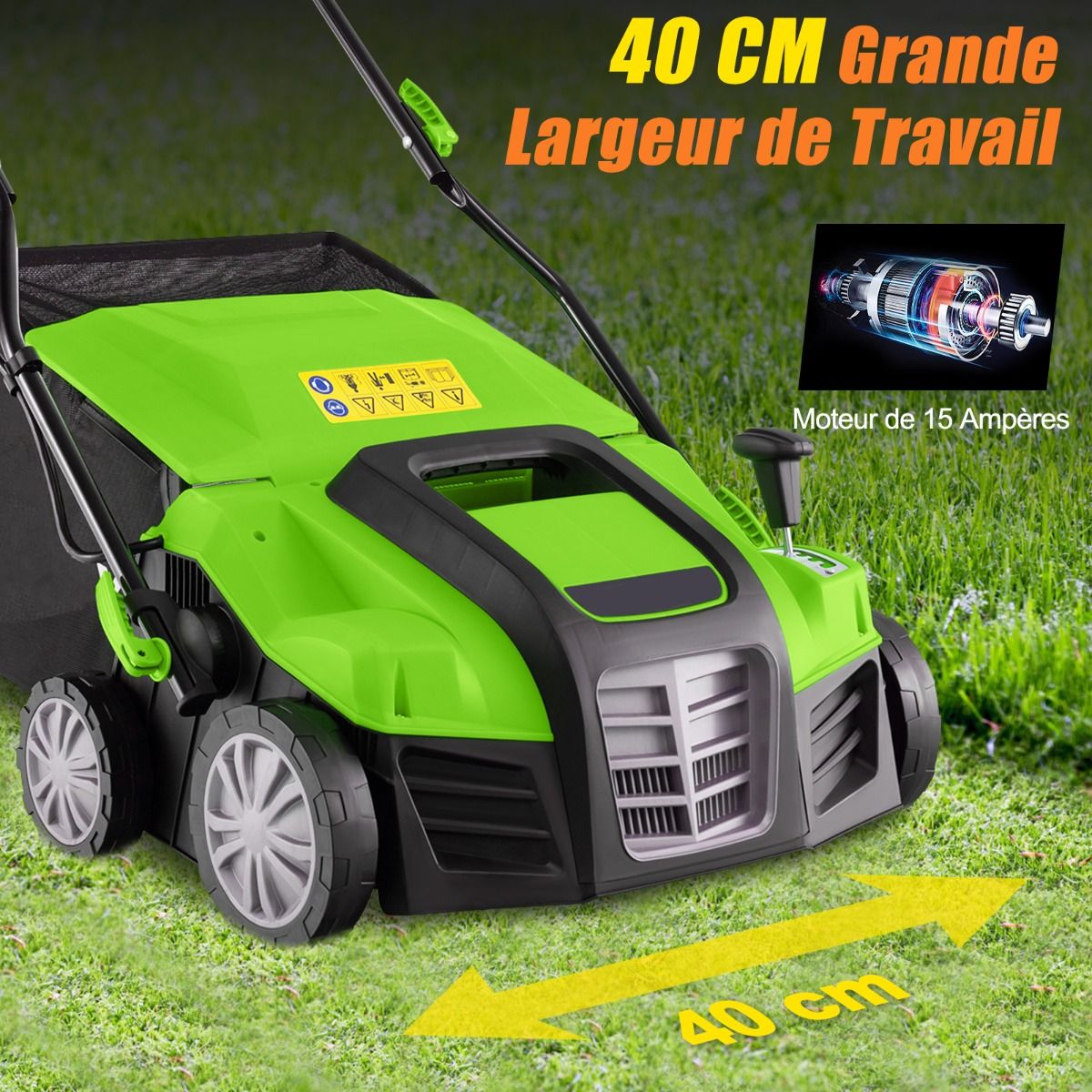 2 in 1 15A Electric Scarifier with Double Adjustable Safety Switch 55 L Collection Bag Orange/Green Scarifier -