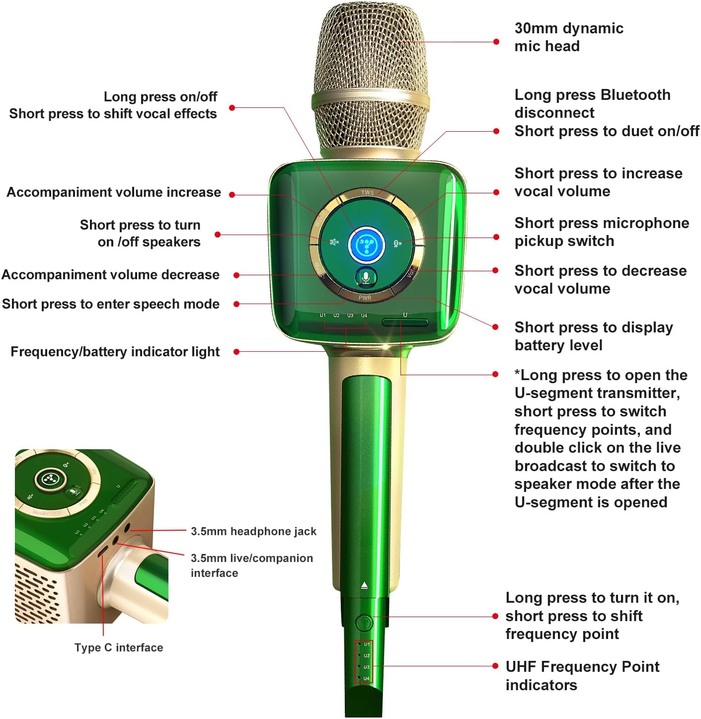 TOSING V1 Pro Professional 20W Karaoke Machine for Adults/In-Bed Microphone,U-Segment Receiver Link to Bluetooth Speaker Sing AMP/TV/PC/Cars/Smartphone