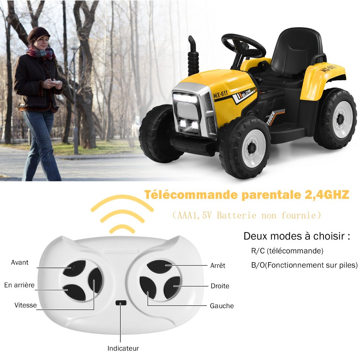 Electric Tractor with Trailer for Children 3 Speeds LED Lights Functions o USB and Bluetooth Yellow/Pink/Red/Green/Dark Green/Black -