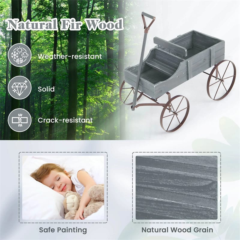 Rustic Wooden Wagon Planter, Decorative Garden Flower Cart with Metal Wheels & Adjustable Handle - Product image 45