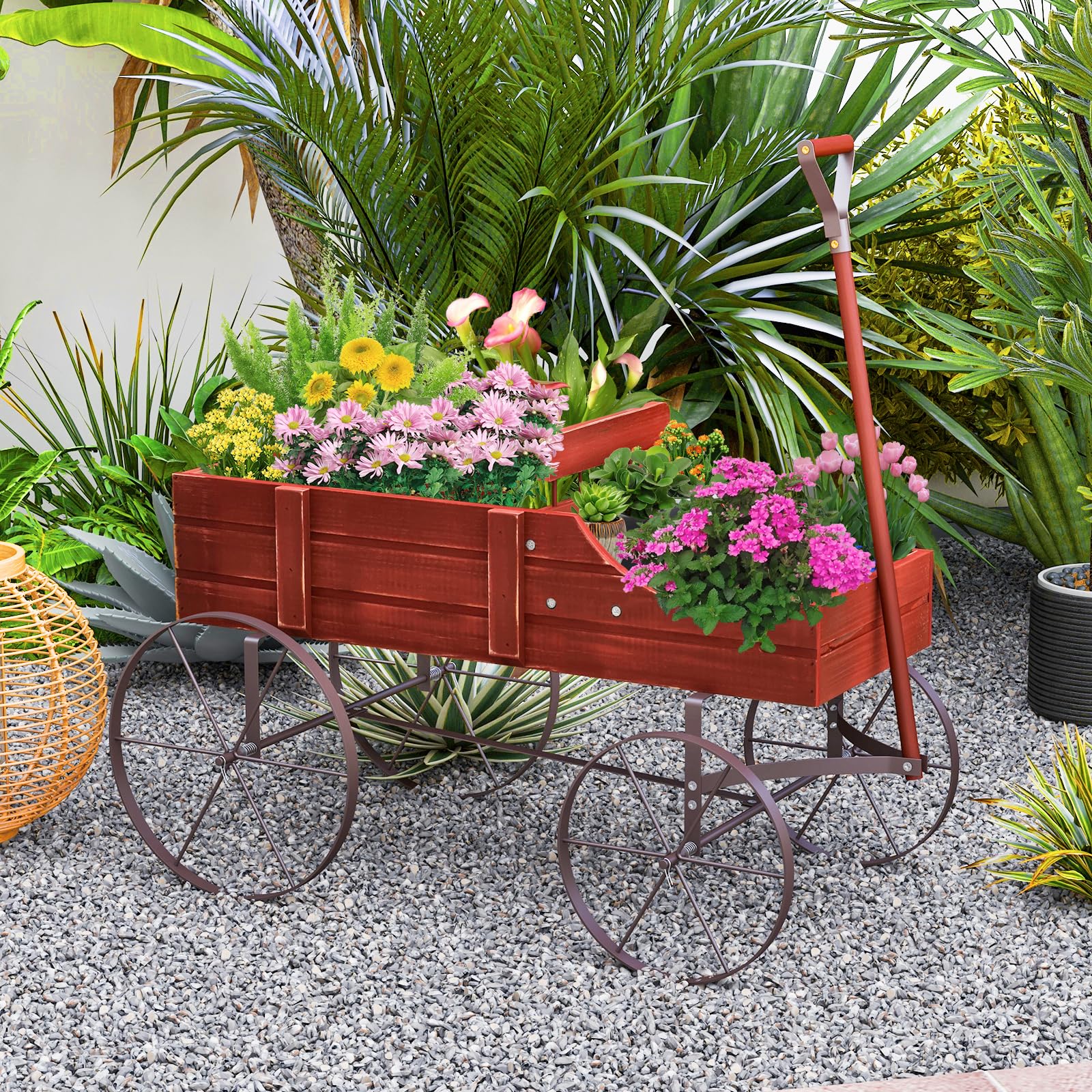 Rustic Wooden Wagon Planter, Decorative Garden Flower Cart with Metal Wheels & Adjustable Handle - Product image 10