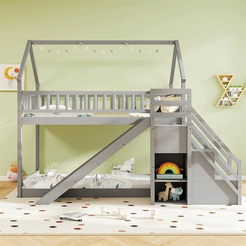 Twin Over Twin Bunk Bed House Design with Slide, Staircases & Storage Compartments, No Box Spring Needed - Product image 2