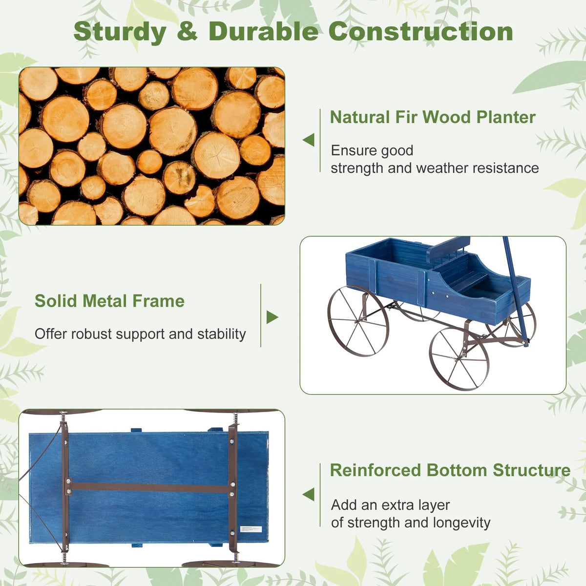 Rustic Wooden Wagon Planter, Decorative Garden Flower Cart with Metal Wheels & Adjustable Handle - Product image 4