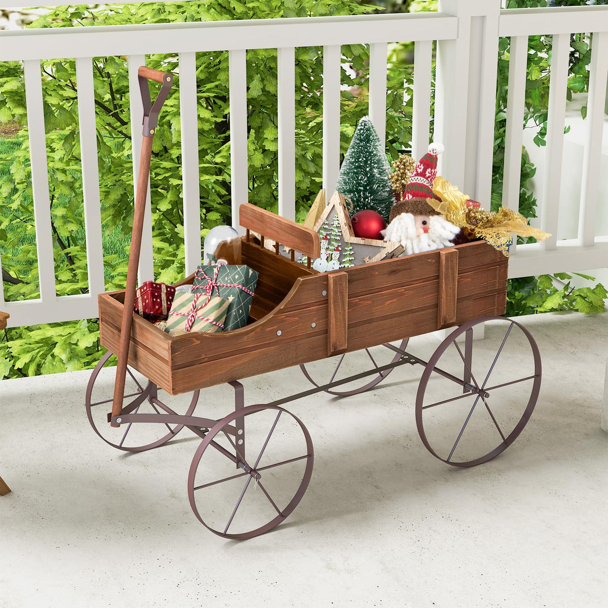 Rustic Wooden Wagon Planter, Decorative Garden Flower Cart with Metal Wheels & Adjustable Handle - Product image 19