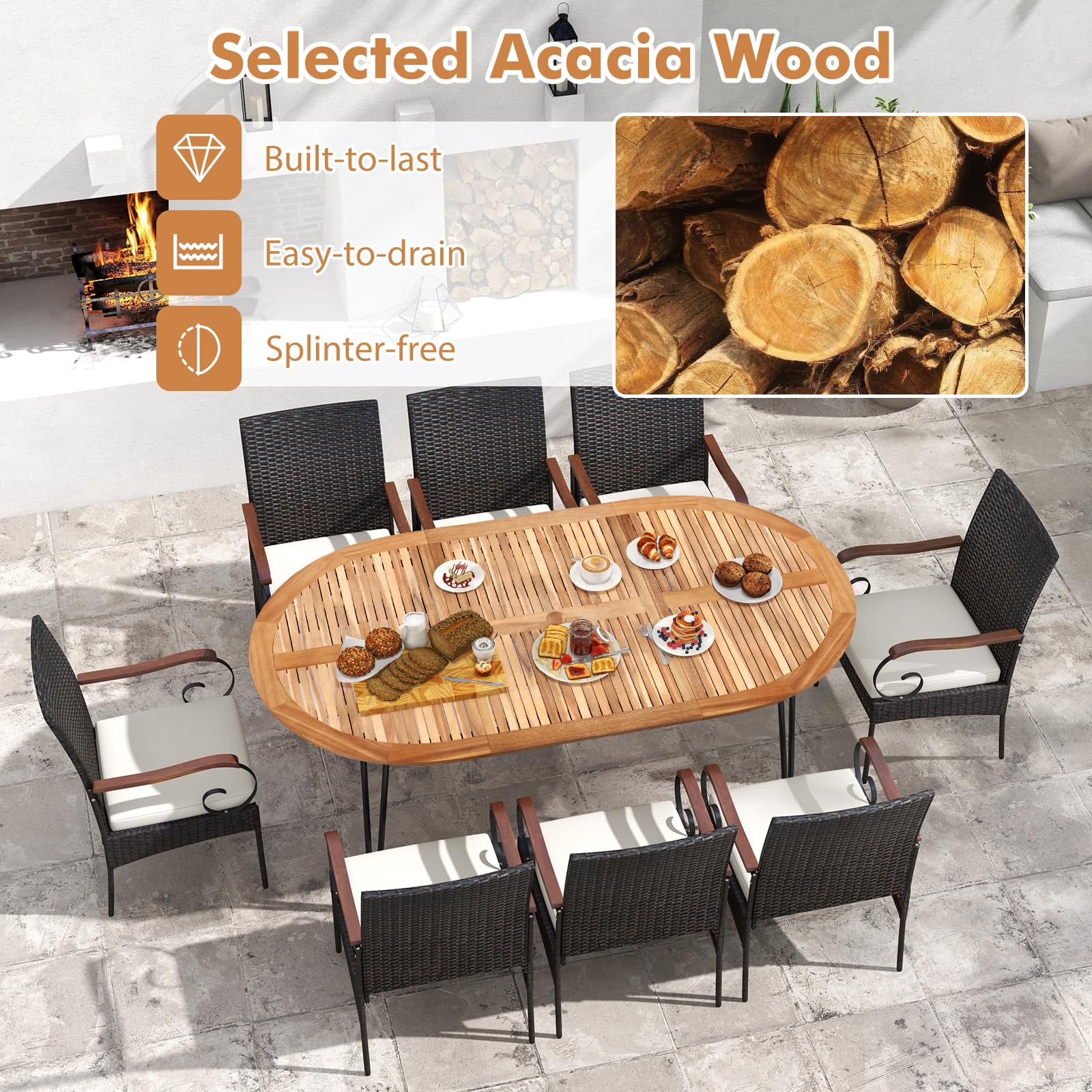 Tangkula 9 Pieces Patio Rattan Dining Set, Outdoor Oval Acacia Wood Dining Table and Wicker Armchairs Set with Umbrella Hole