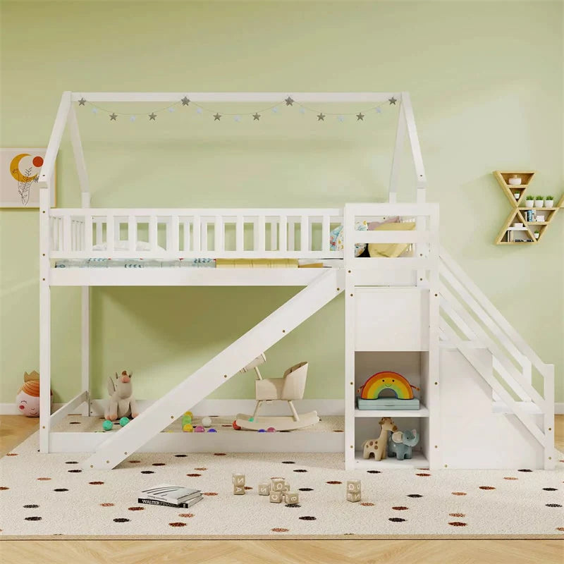Twin Over Twin Bunk Bed House Design with Slide, Staircases & Storage Compartments, No Box Spring Needed - Product image 12