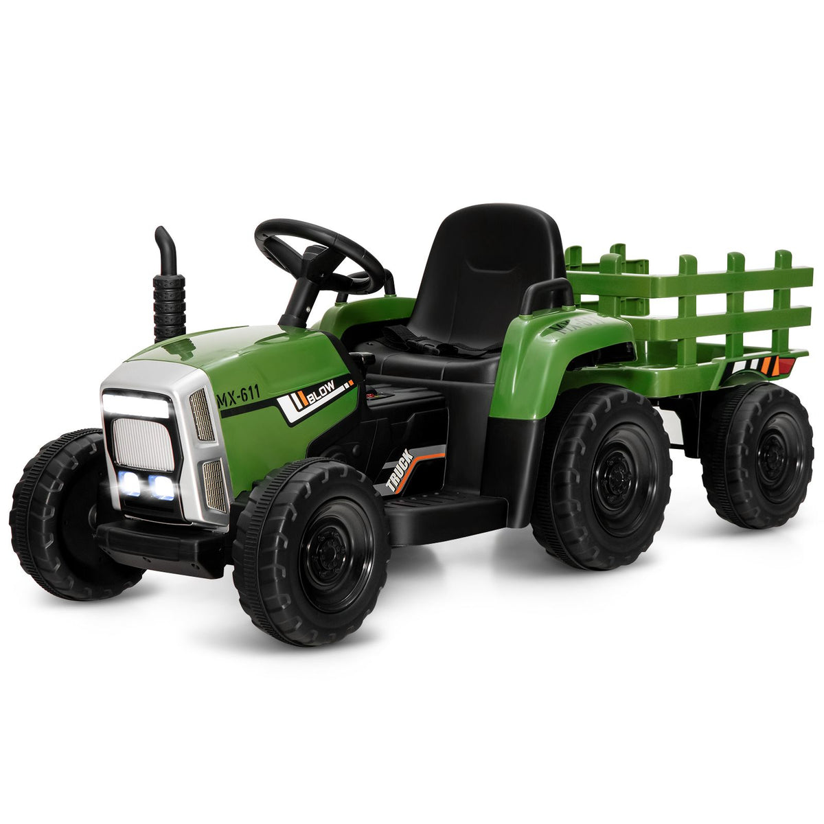 Electric Tractor with Trailer for Children 3 Speeds LED Lights Functions o USB and Bluetooth Yellow/Pink/Red/Green/Dark Green/Black -