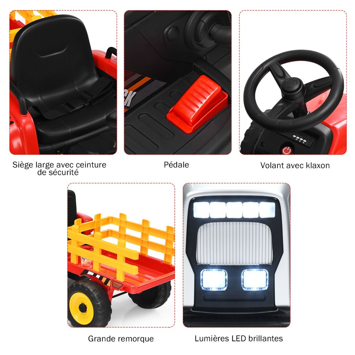 Electric Tractor with Trailer for Children 3 Speeds LED Lights Functions o USB and Bluetooth Yellow/Pink/Red/Green/Dark Green/Black -