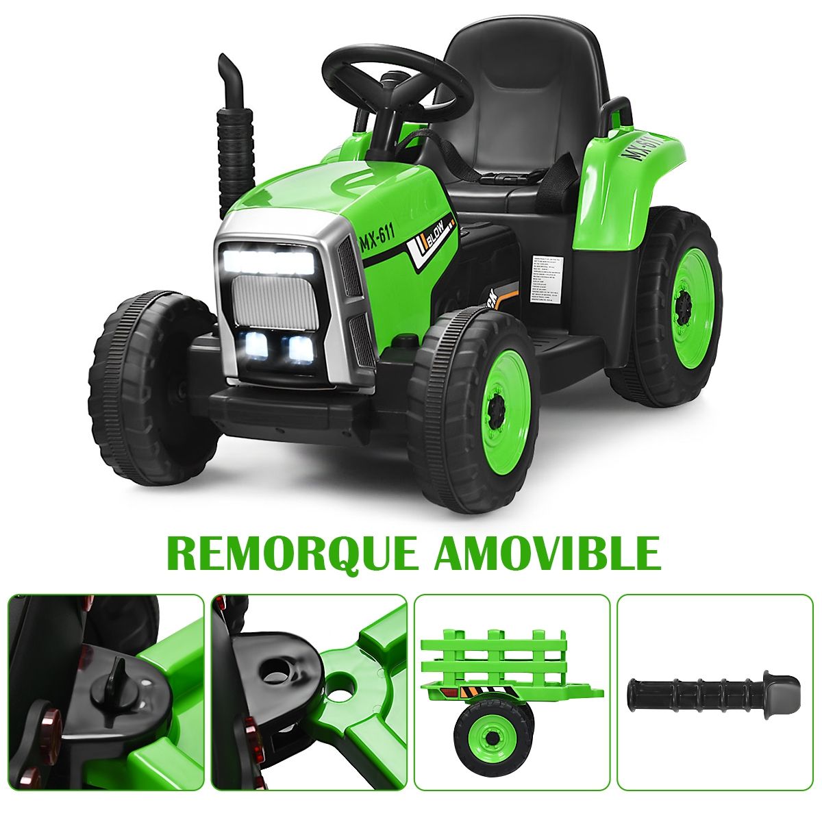 Electric Tractor with Trailer for Children 3 Speeds LED Lights Functions o USB and Bluetooth Yellow/Pink/Red/Green/Dark Green/Black -