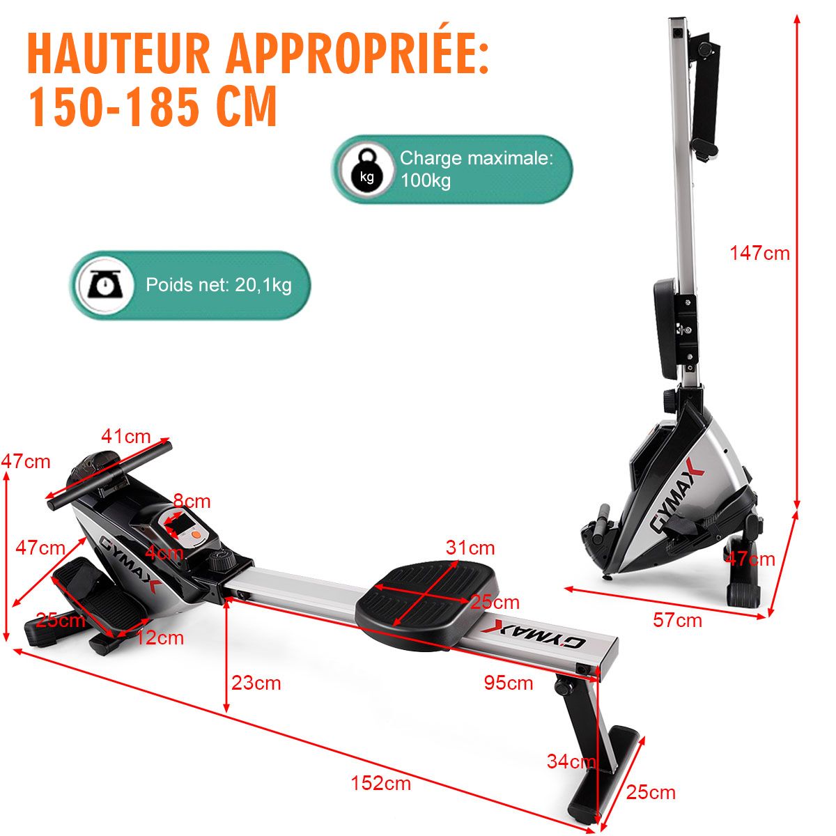 Foldable Magnetic Rowing Machine 8 Resistance Levels Digital LCD Display Weight Supported 100 KG for Home and Office -