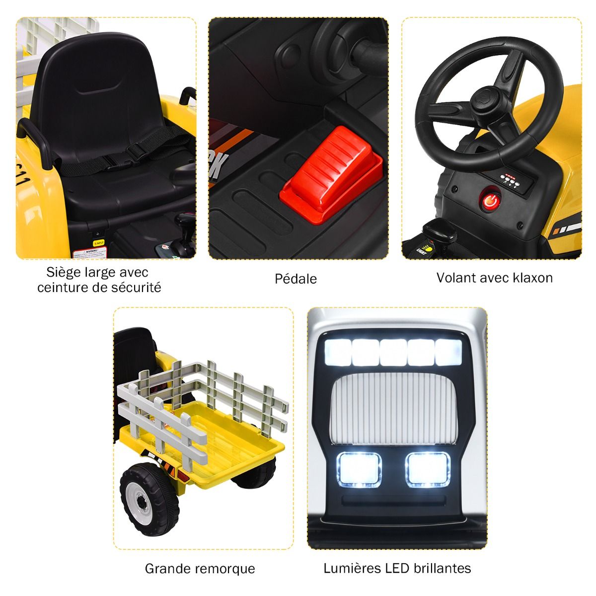 Electric Tractor with Trailer for Children 3 Speeds LED Lights Functions o USB and Bluetooth Yellow/Pink/Red/Green/Dark Green/Black -
