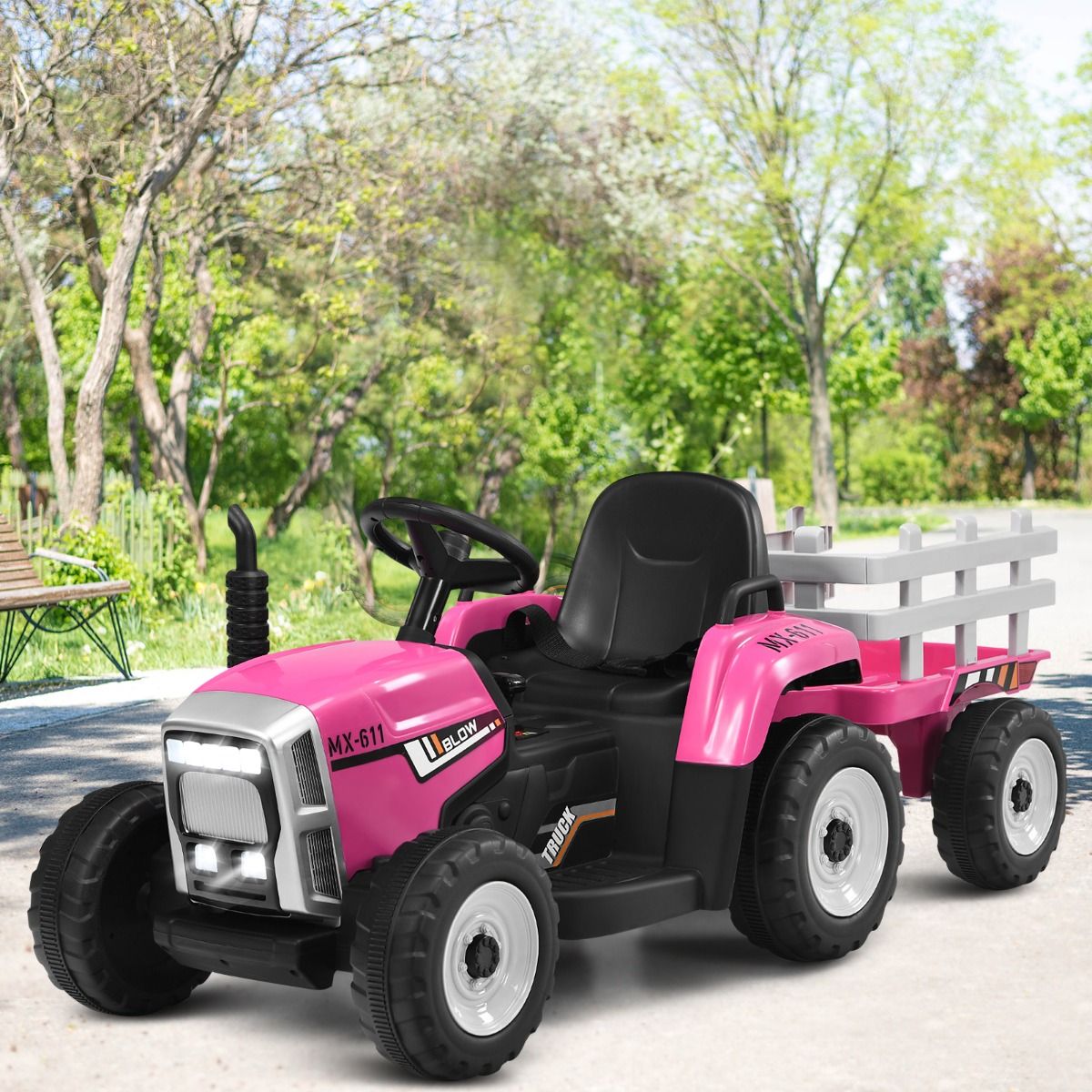 Electric Tractor with Trailer for Children 3 Speeds LED Lights Functions o USB and Bluetooth Yellow/Pink/Red/Green/Dark Green/Black -