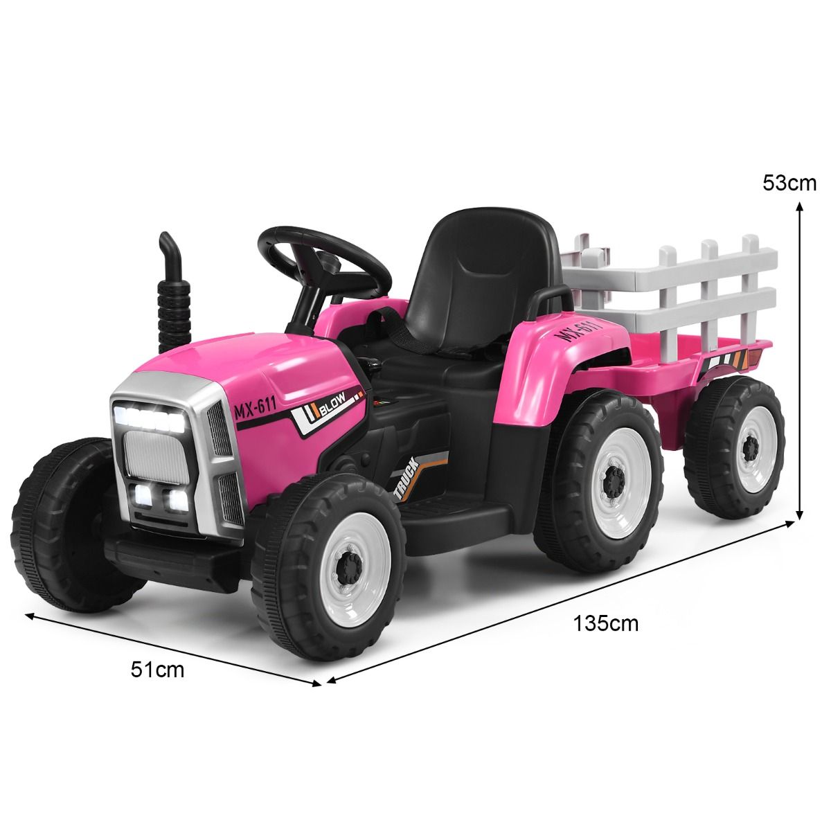 Electric Tractor with Trailer for Children 3 Speeds LED Lights Functions o USB and Bluetooth Yellow/Pink/Red/Green/Dark Green/Black -