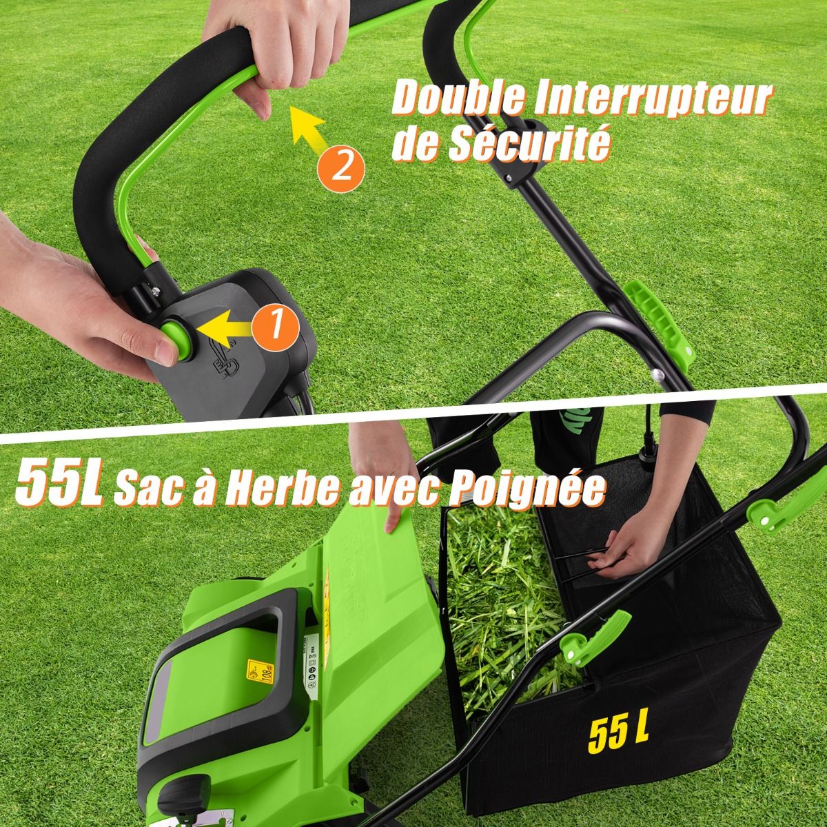 2 in 1 15A Electric Scarifier with Double Adjustable Safety Switch 55 L Collection Bag Orange/Green Scarifier -