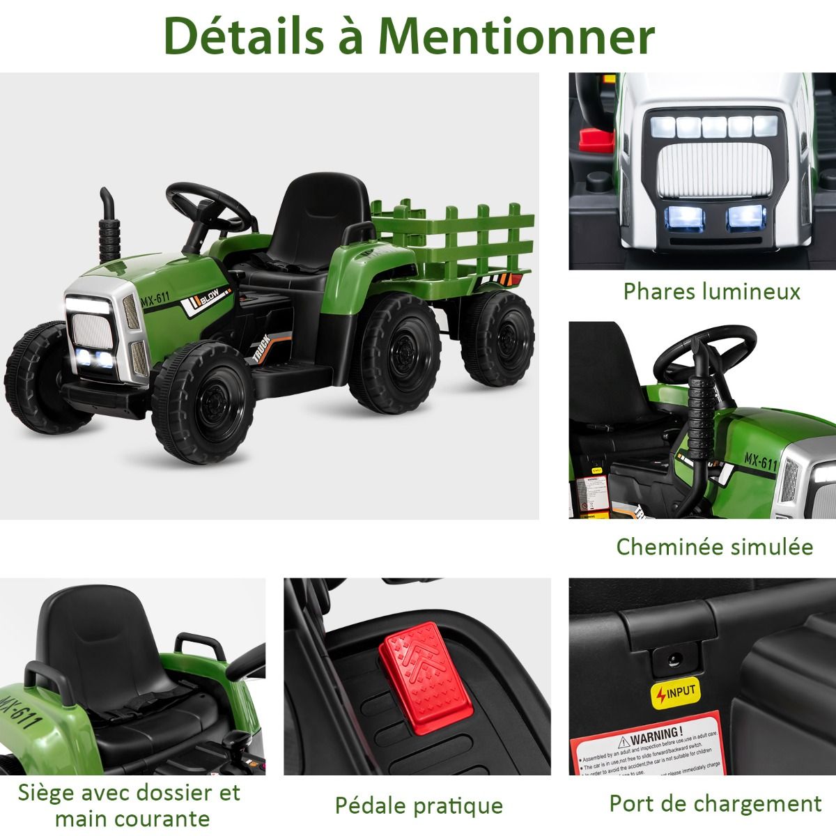 Electric Tractor with Trailer for Children 3 Speeds LED Lights Functions o USB and Bluetooth Yellow/Pink/Red/Green/Dark Green/Black -
