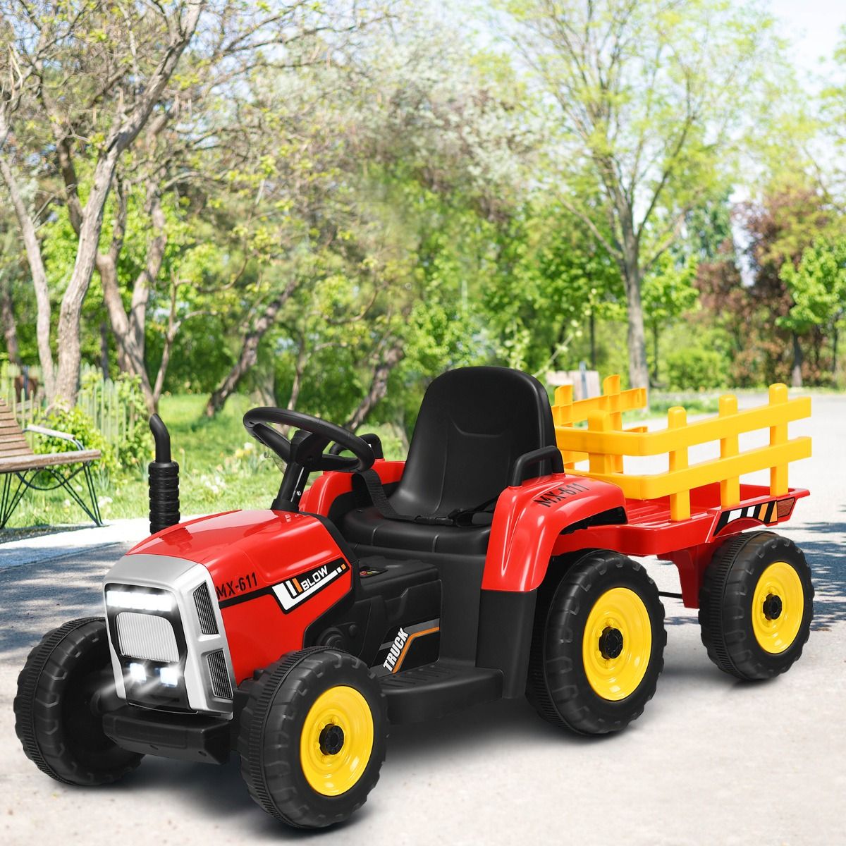 Electric Tractor with Trailer for Children 3 Speeds LED Lights Functions o USB and Bluetooth Yellow/Pink/Red/Green/Dark Green/Black -