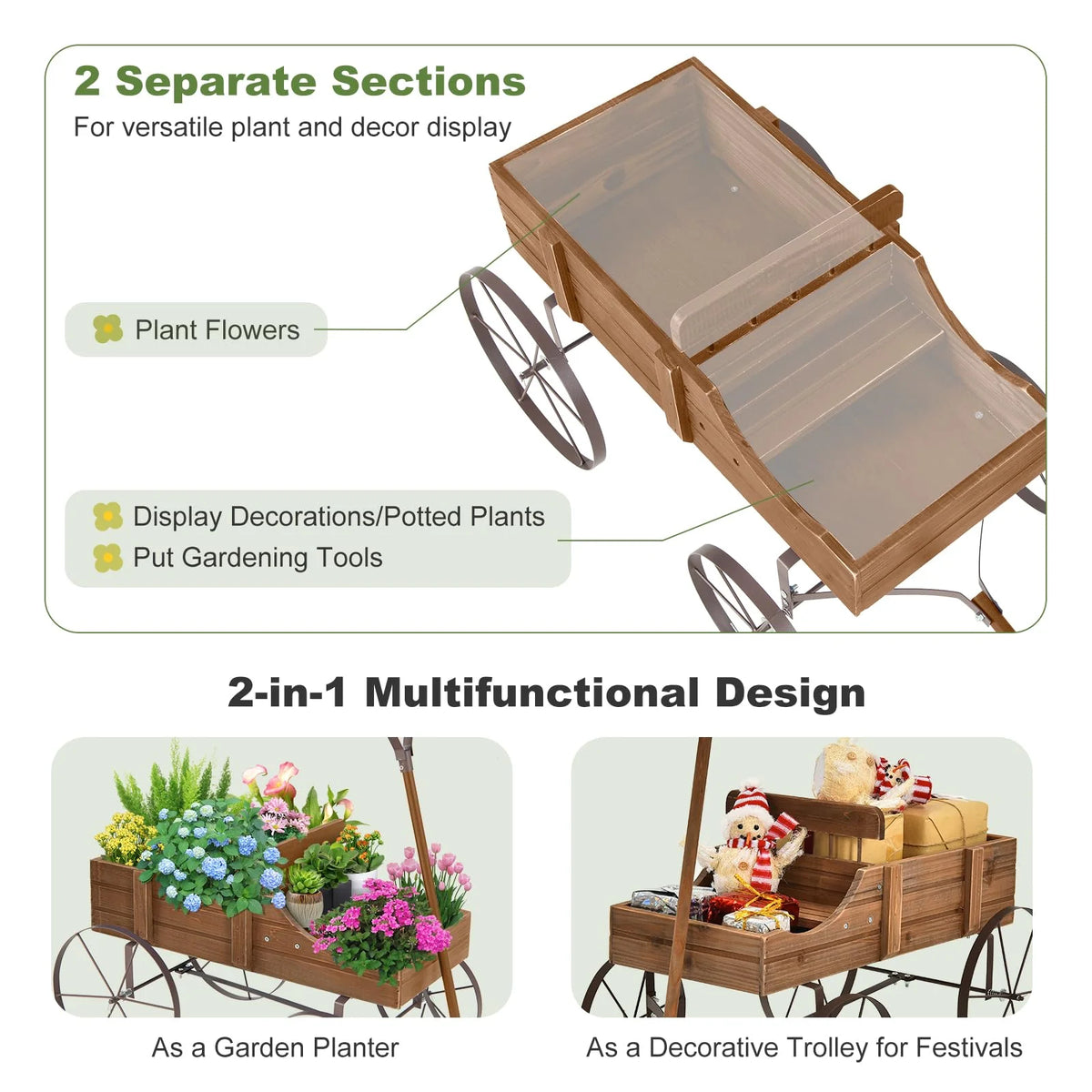 Rustic Wooden Wagon Planter, Decorative Garden Flower Cart with Metal Wheels & Adjustable Handle - Product image 22