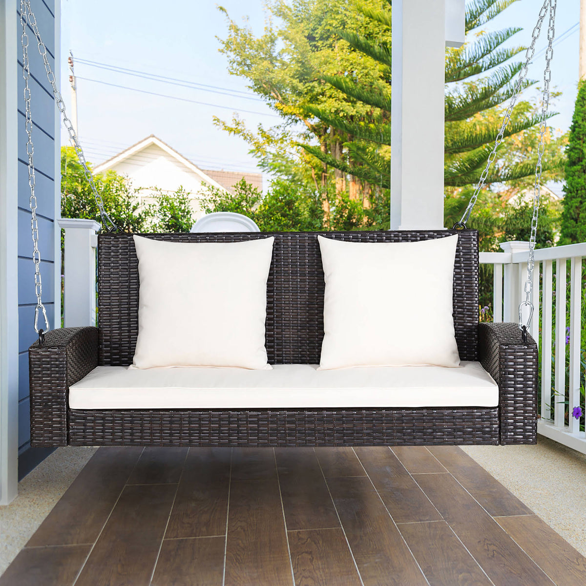 Costway 2-Person Patio Rattan Hanging Porch Swing Bench Chair Cushion Turquoise, Blue - Product image 1