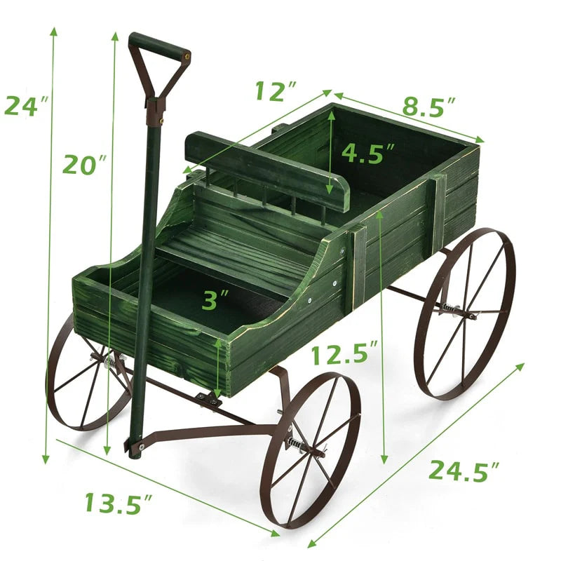 Rustic Wooden Wagon Planter, Decorative Garden Flower Cart with Metal Wheels & Adjustable Handle - Product image 30