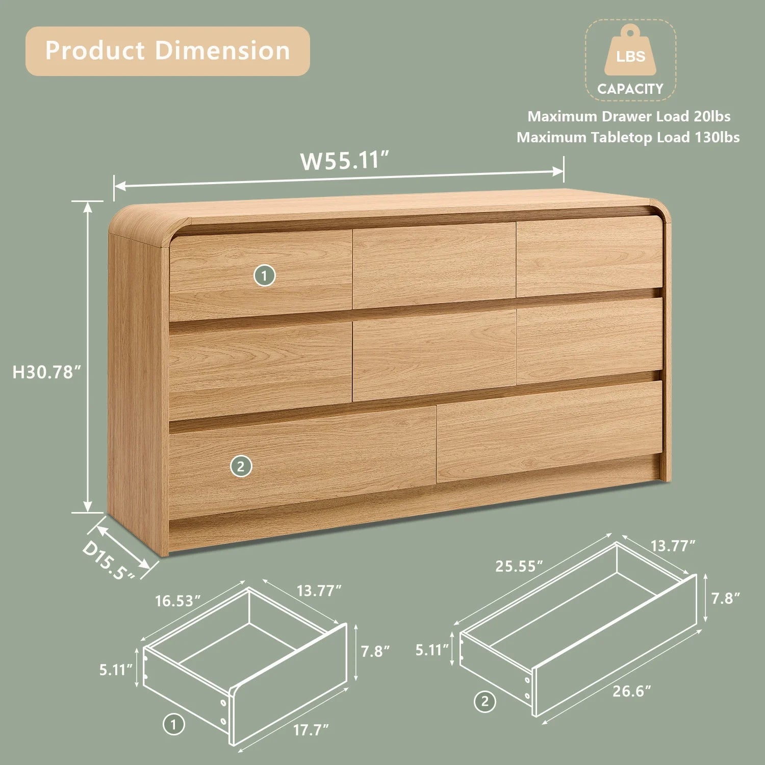 Wow97e Modern 8 Drawers Dresser for Bedroom, 55" Wide Wood Chest of Drawers W/Curved Profile Design - Product image 2