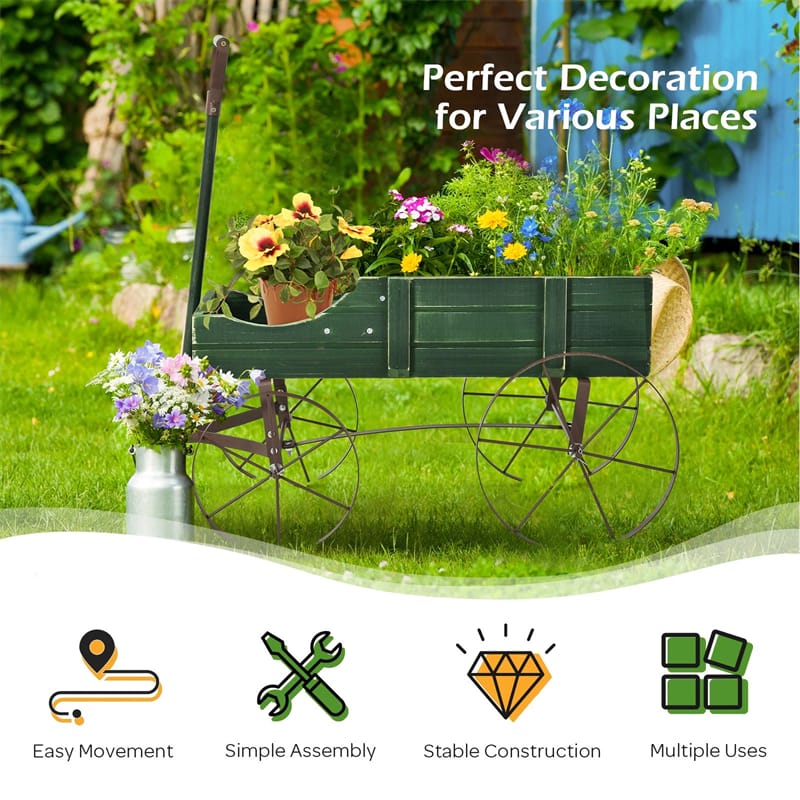 Rustic Wooden Wagon Planter, Decorative Garden Flower Cart with Metal Wheels & Adjustable Handle - Product image 35